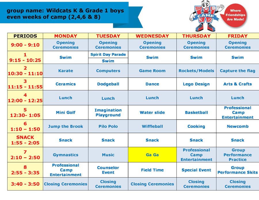 Kiddie Camp Sample Schedule 2016