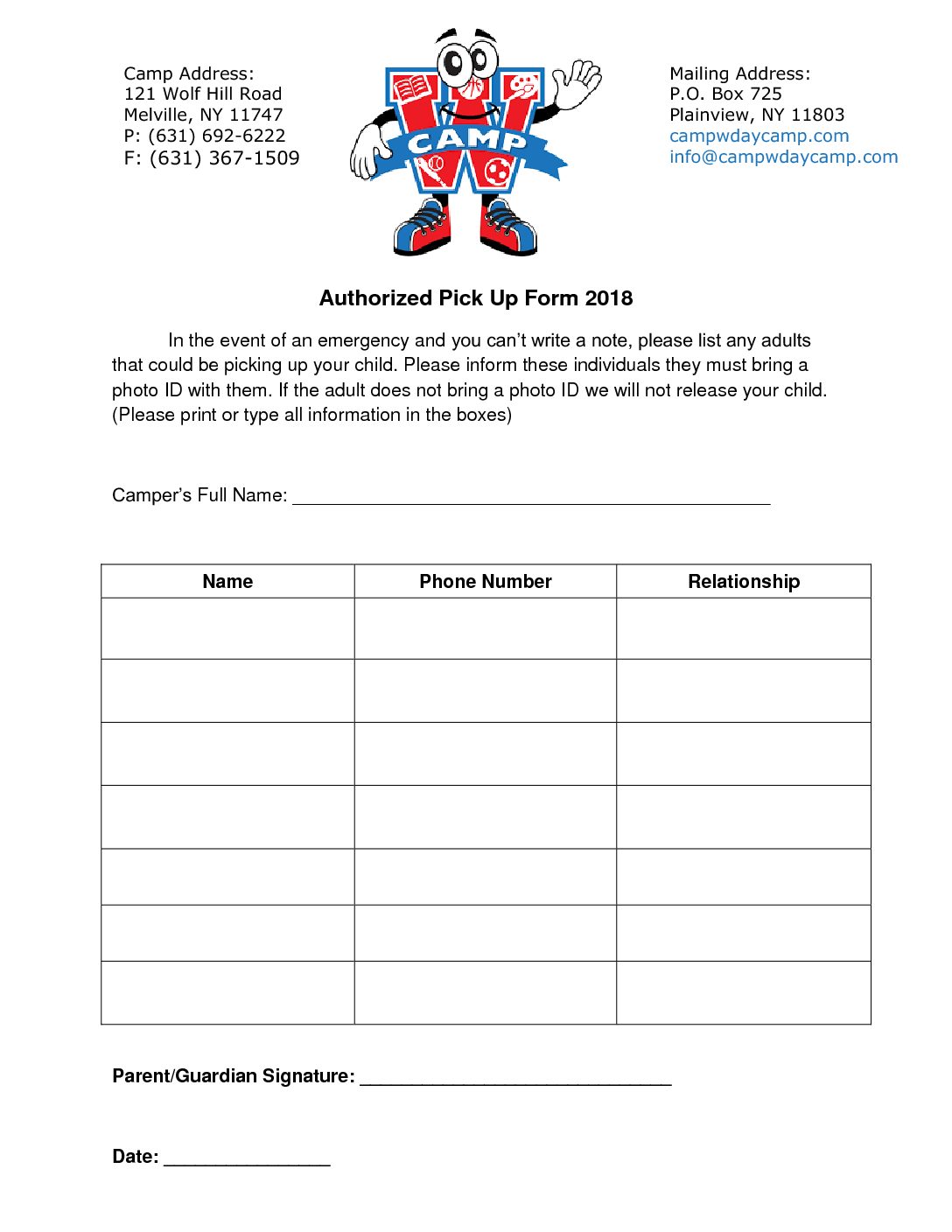 Authorized Pick Up Form2018