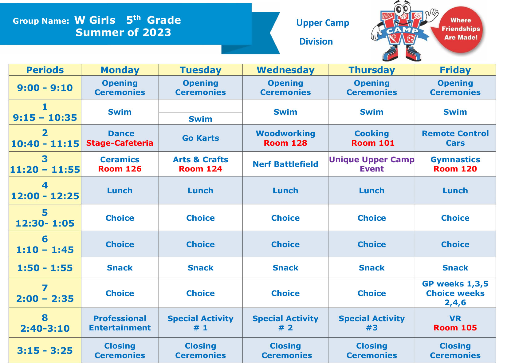 Upper Camp Sample Schedule 2022