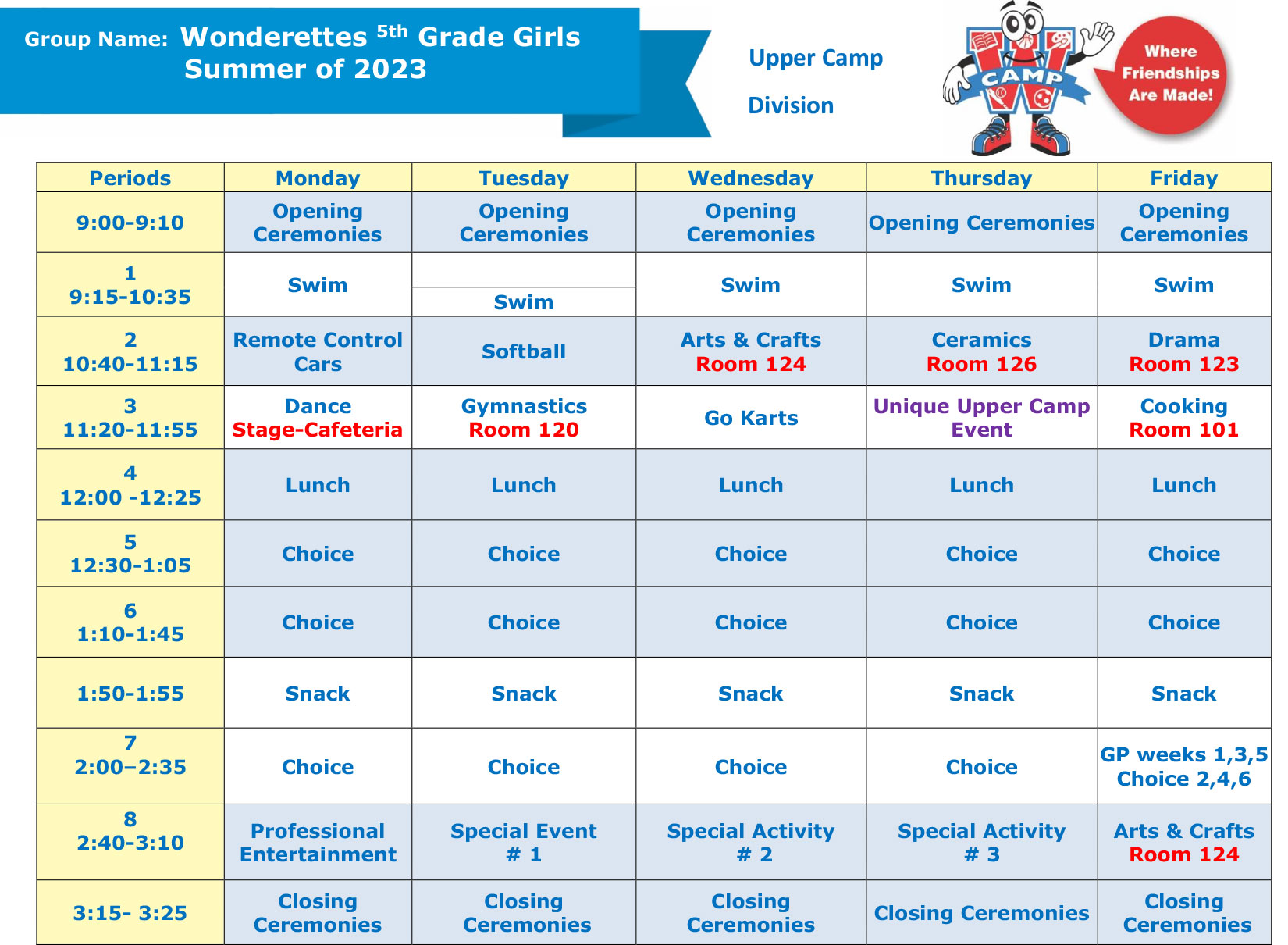 Upper Camp Sample Schedule 2022