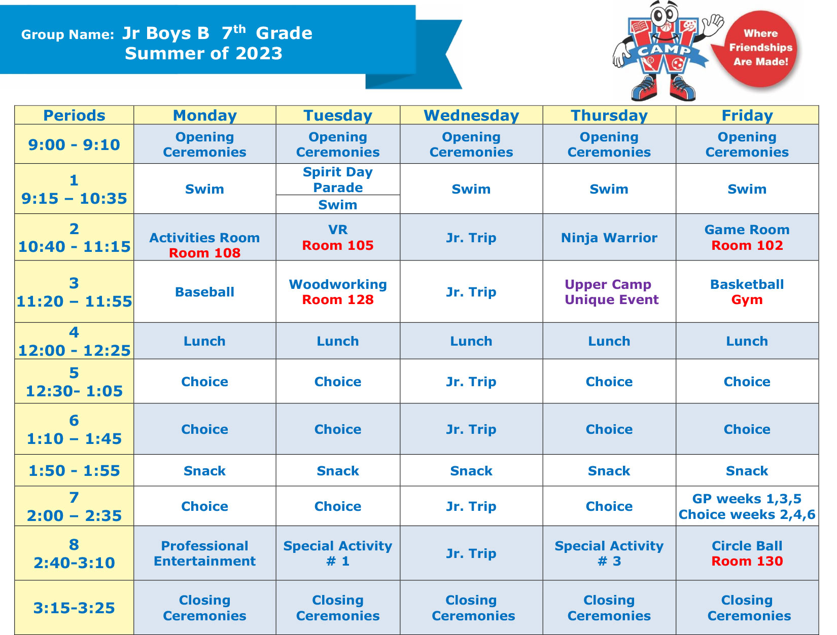 Upper Camp Sample Schedule 2022