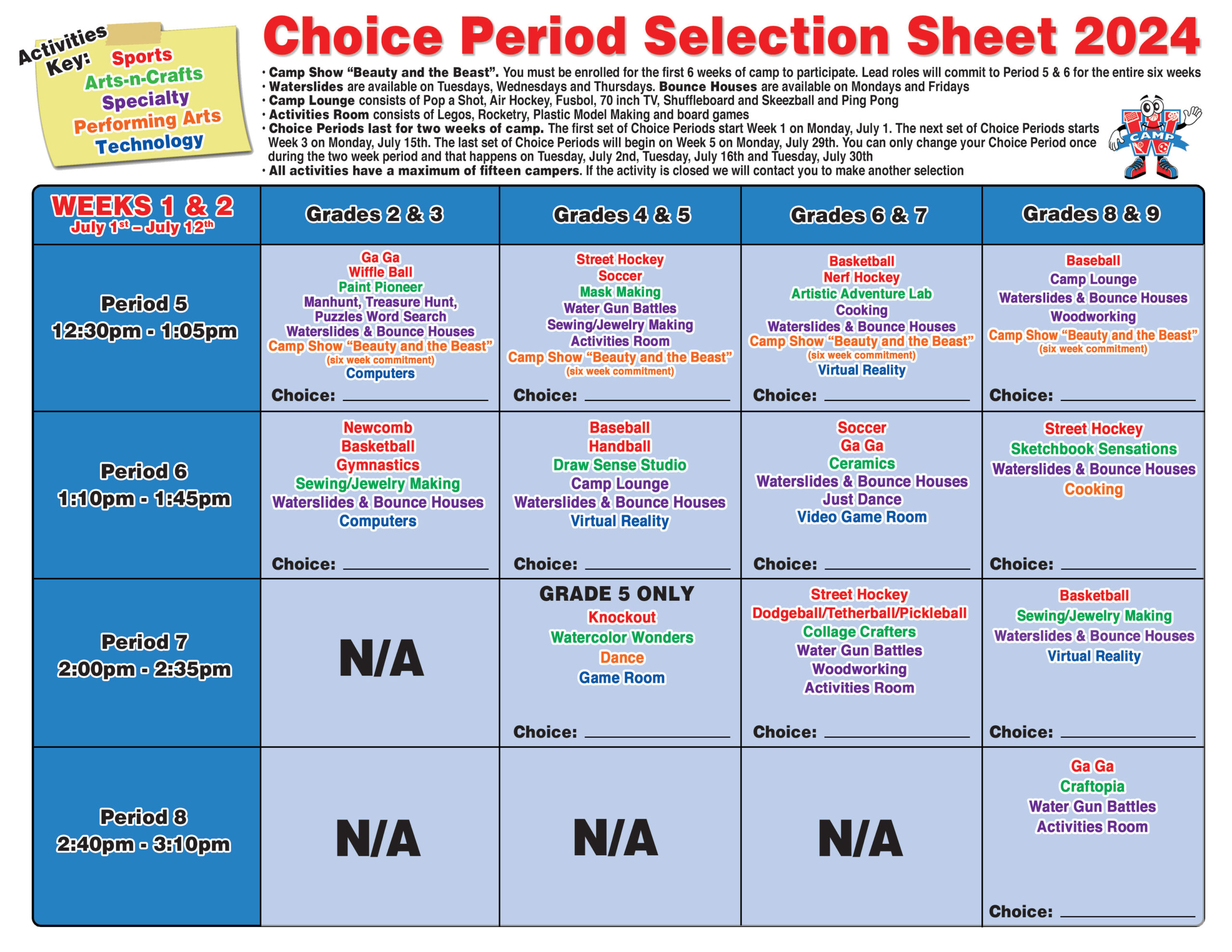 Camp W Summer Camp Choice Periods