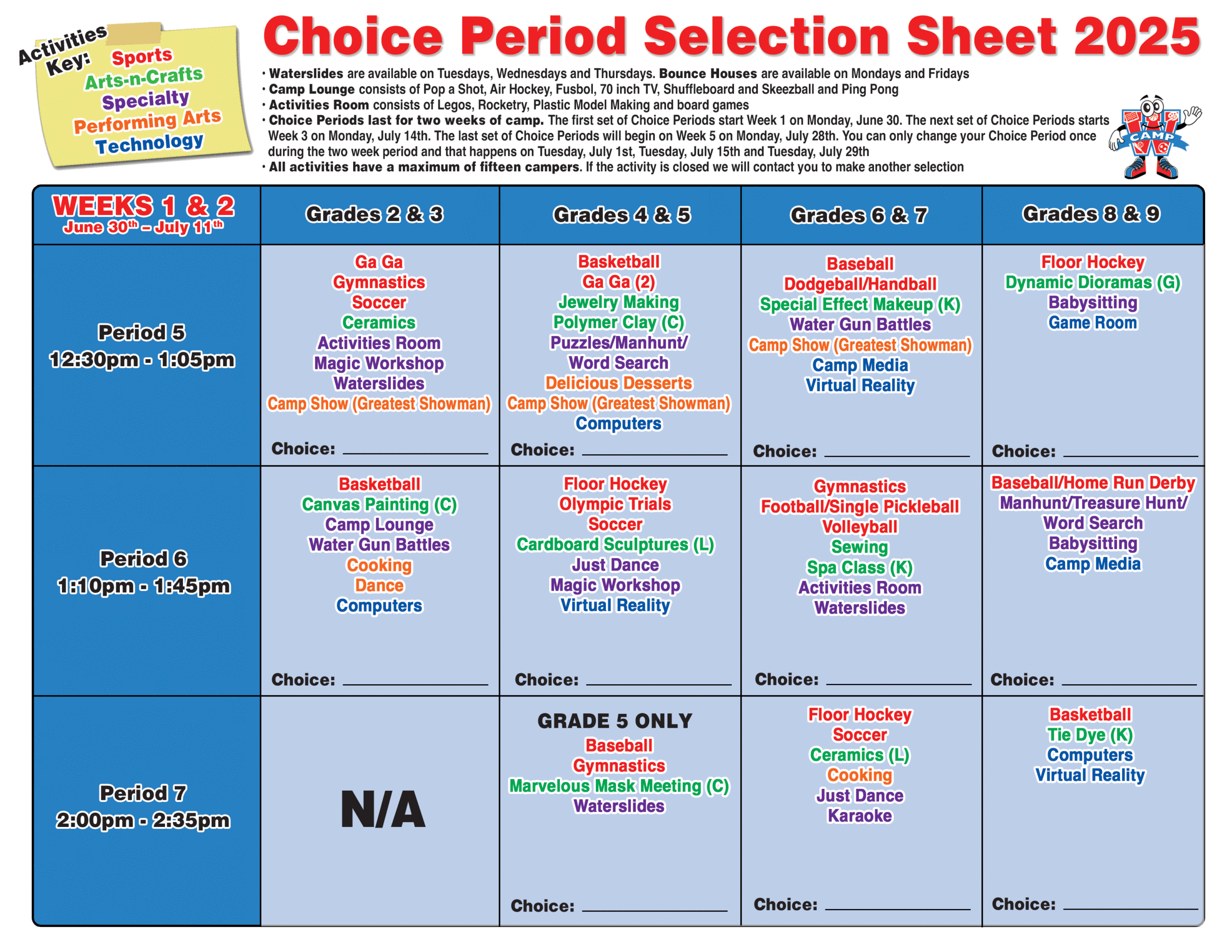 Camp W Summer Camp Choice Periods