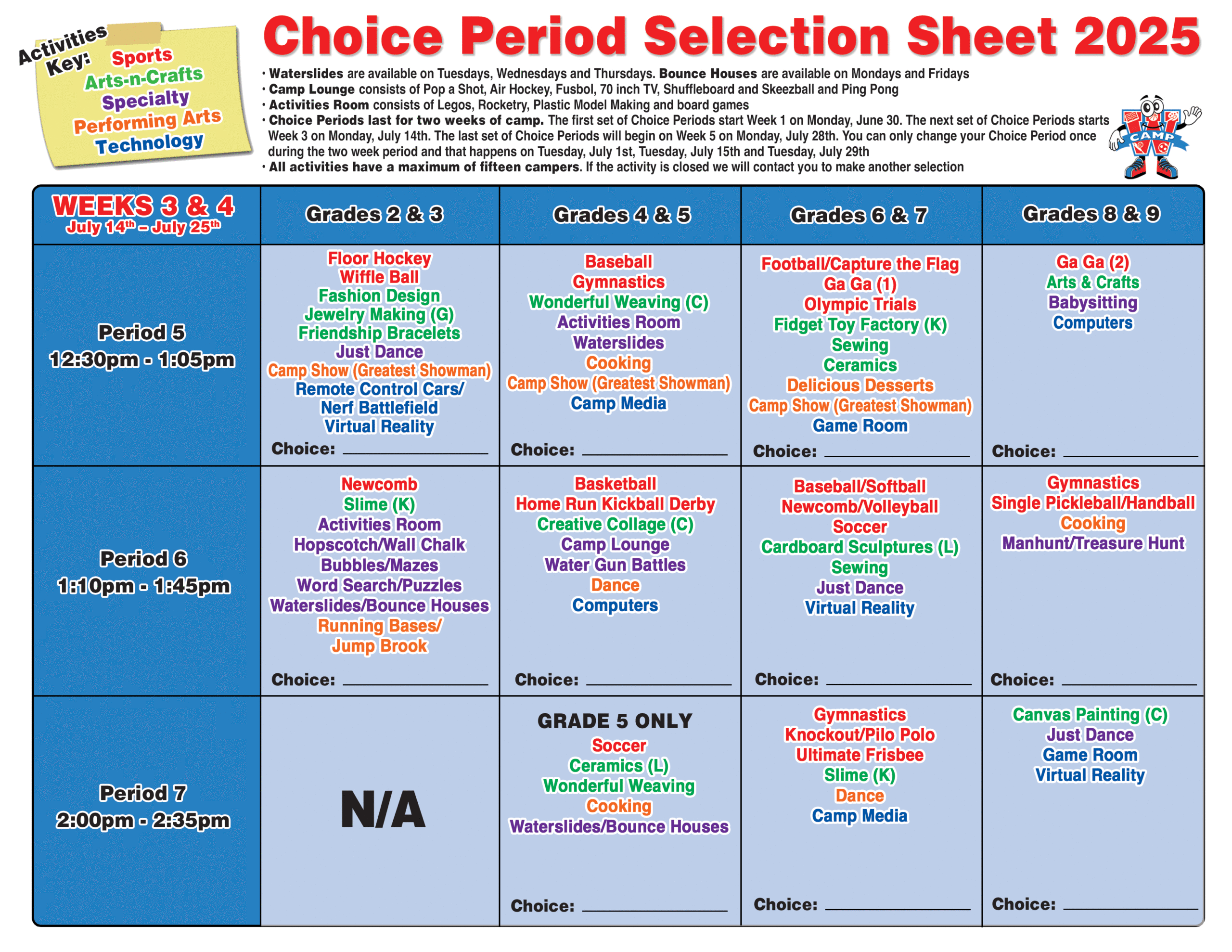 Camp W Summer Camp Choice Periods