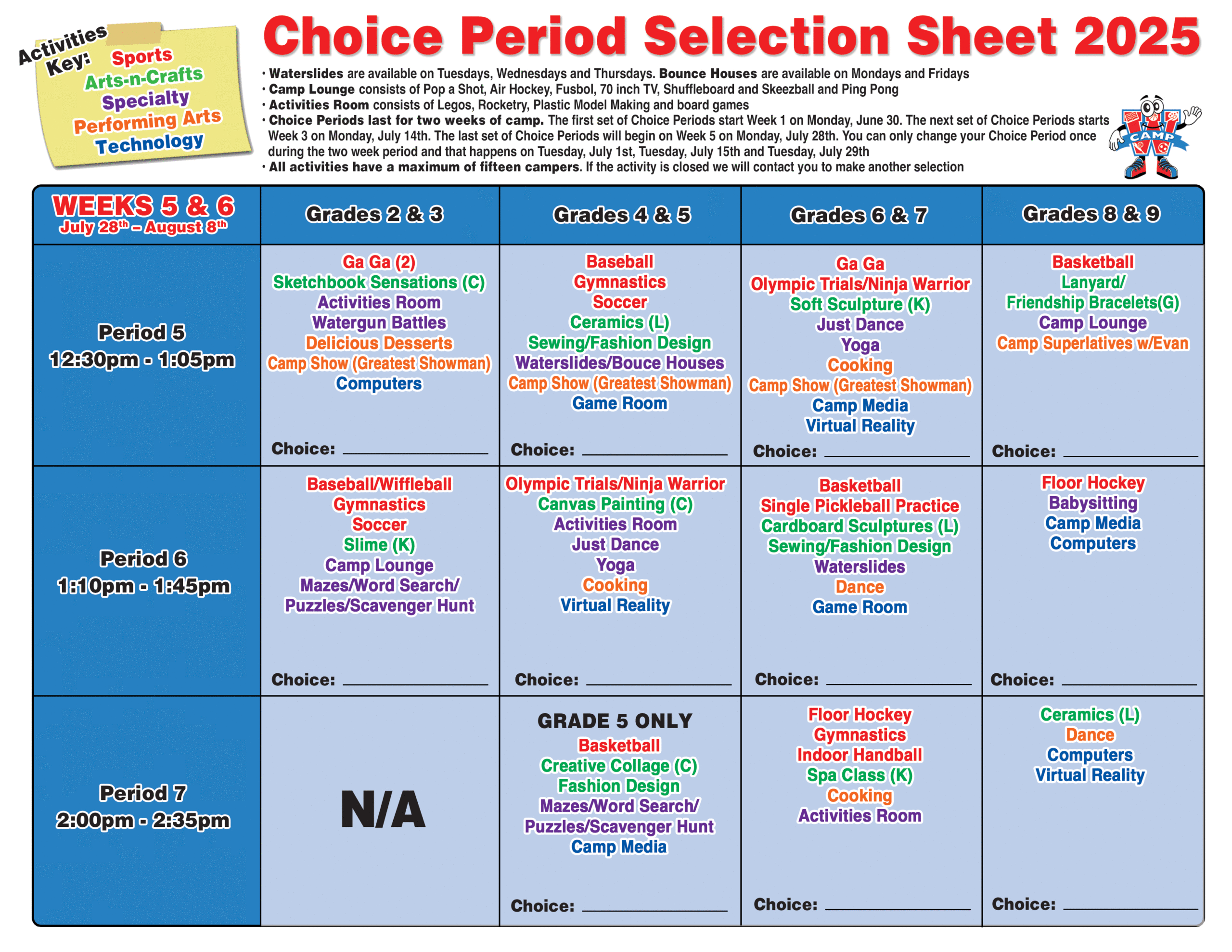 Camp W Summer Camp Choice Periods