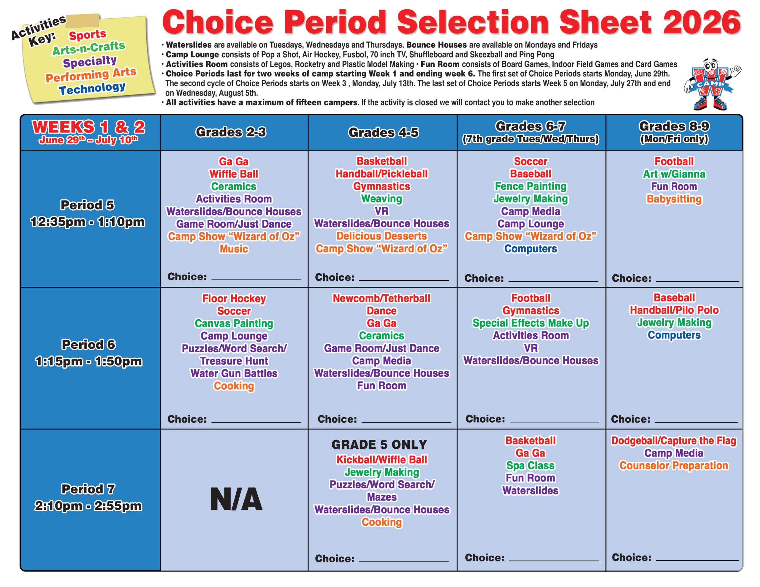Camp W Summer Camp Choice Periods