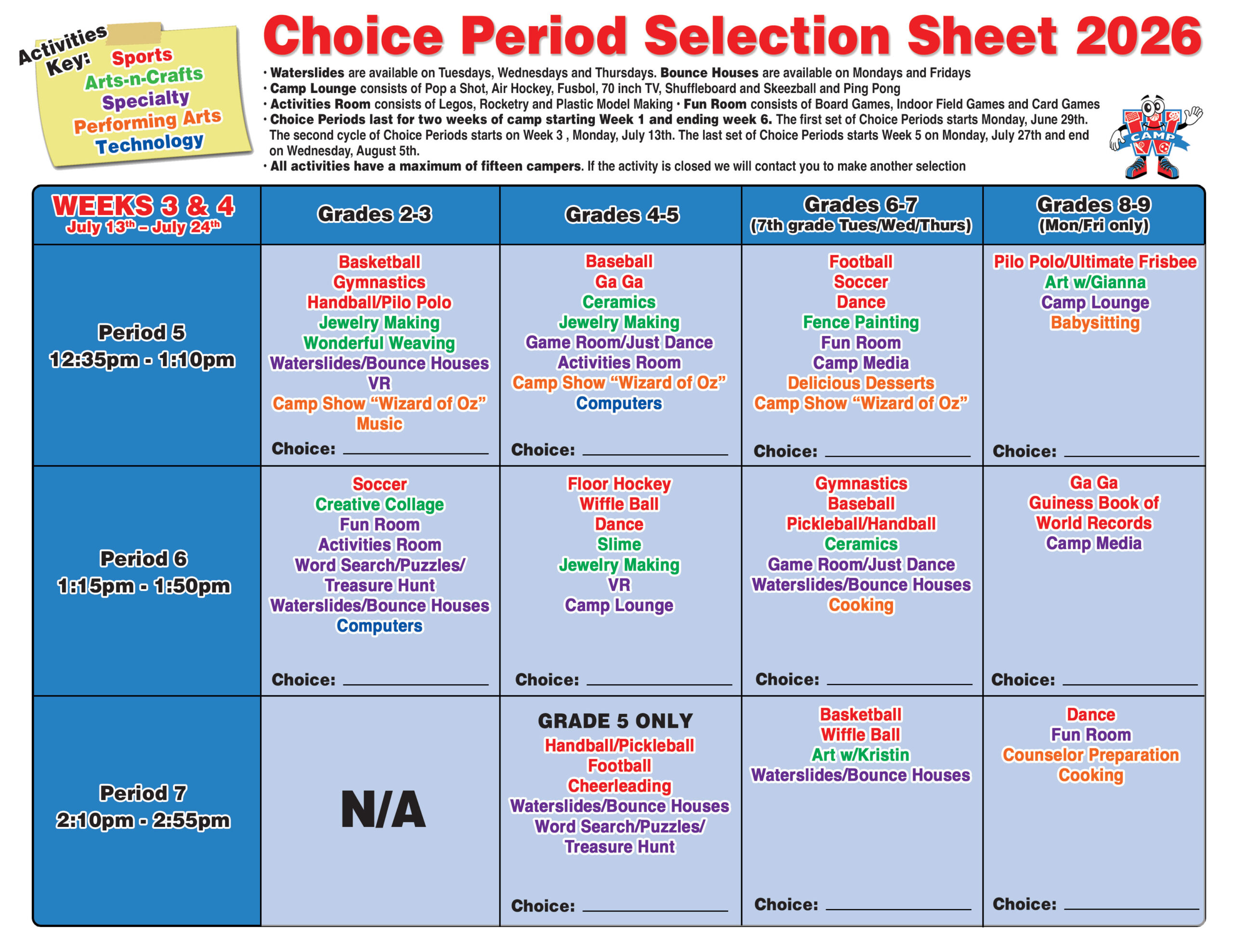 Camp W Summer Camp Choice Periods