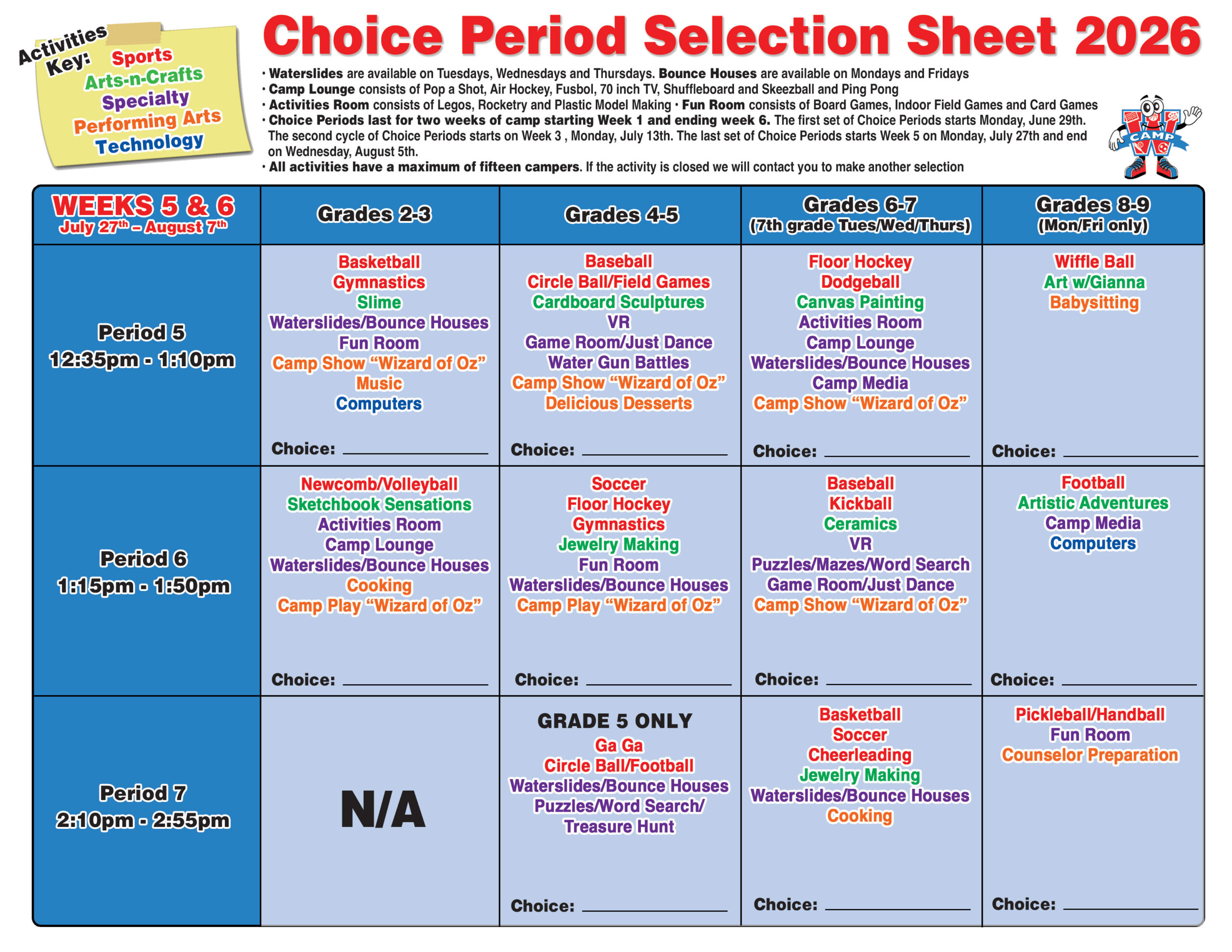 Camp W Summer Camp Choice Periods