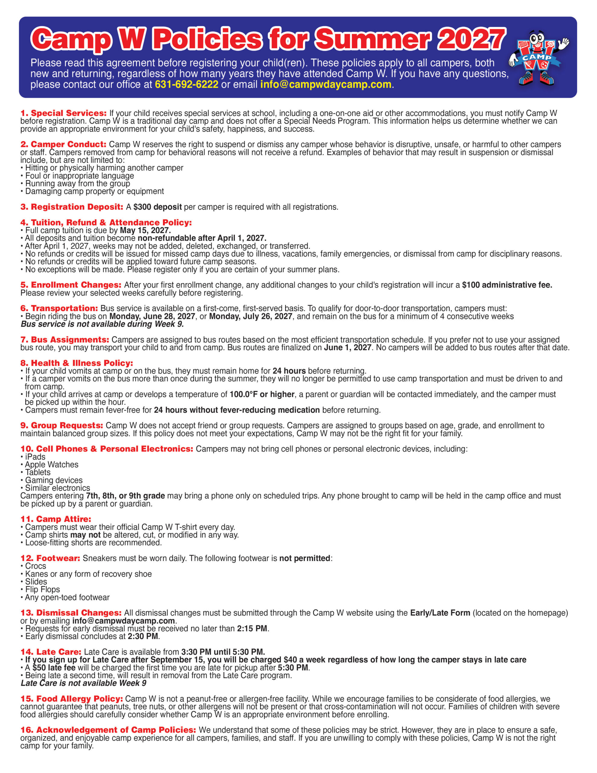 Camp W Summer Camp Policies