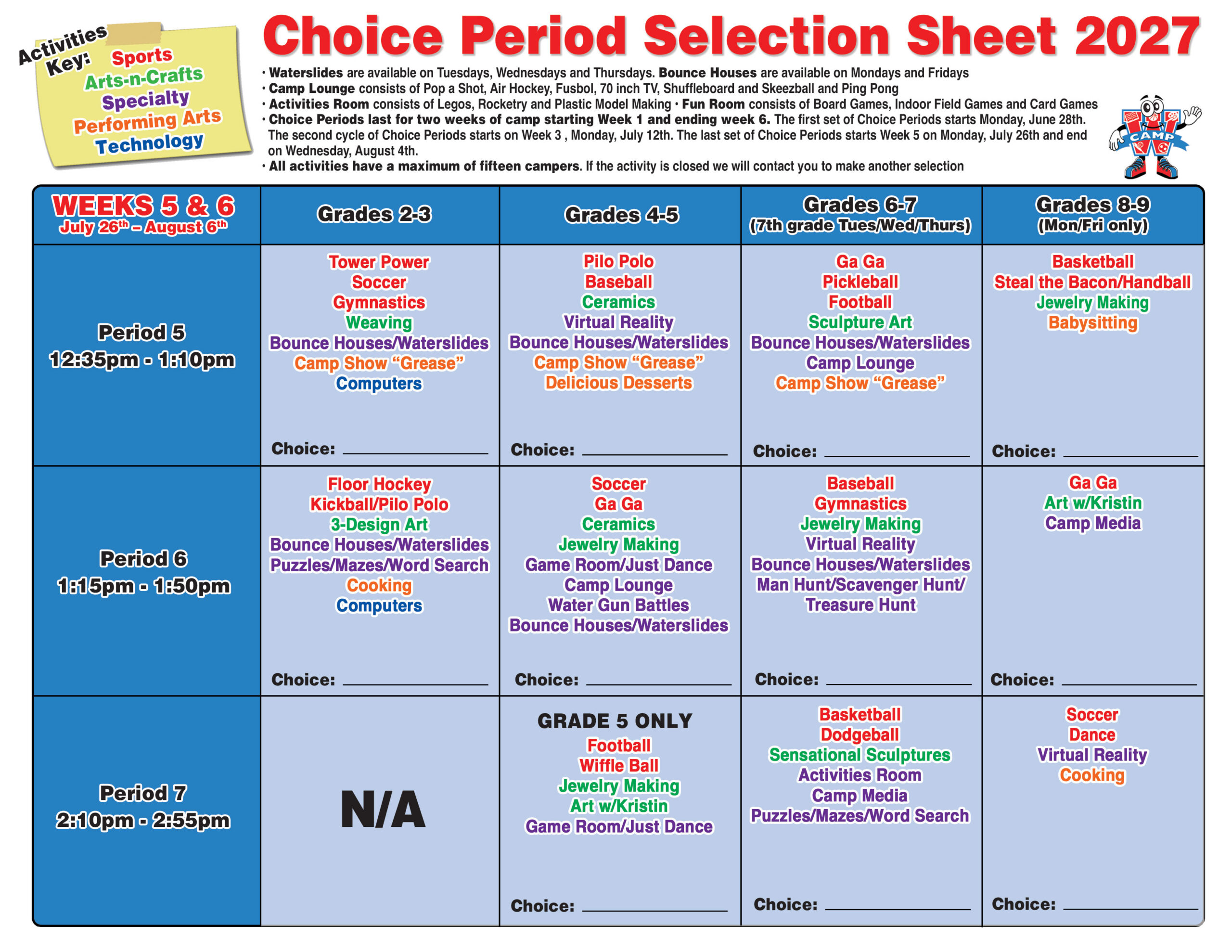 Camp W Summer Camp Choice Periods