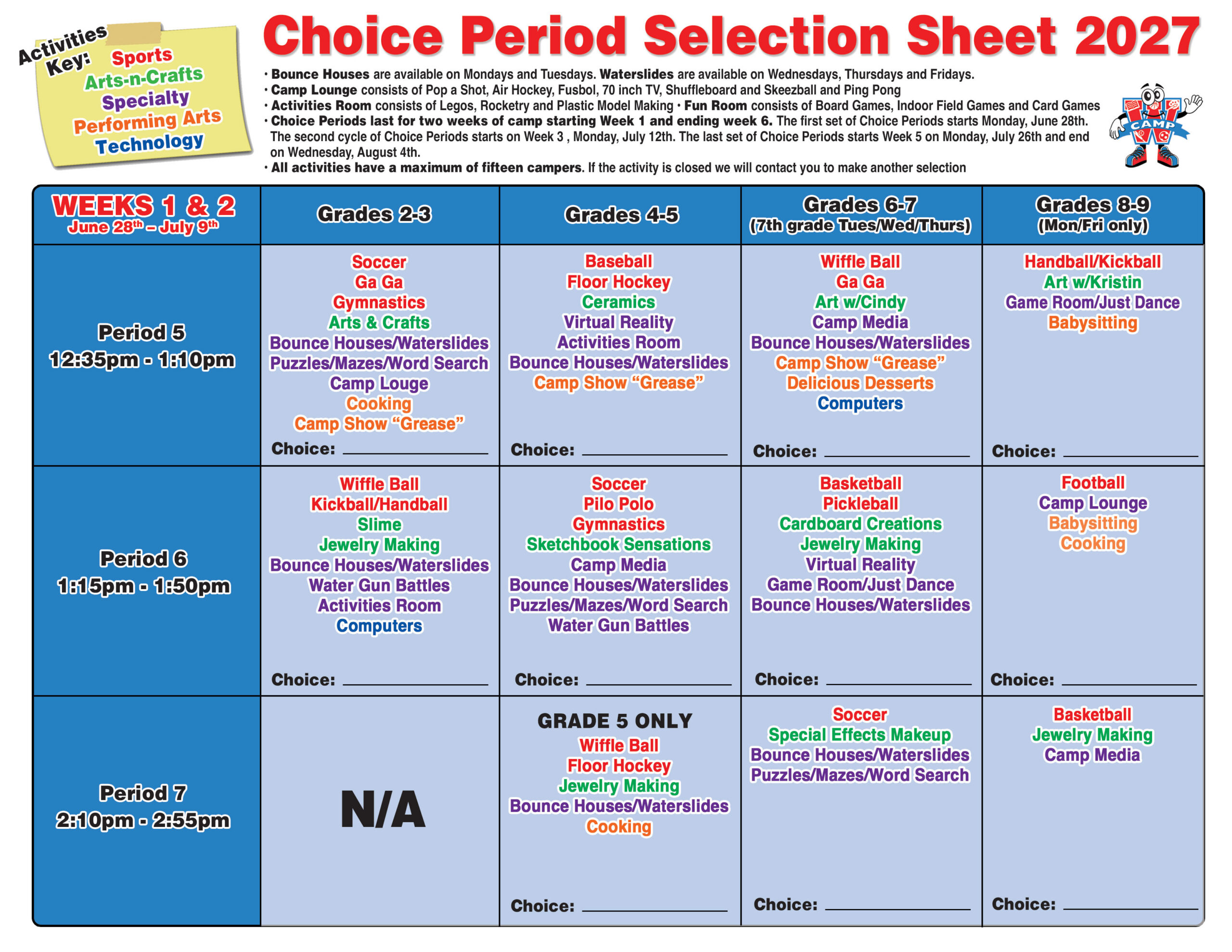Camp W Summer Camp Choice Periods